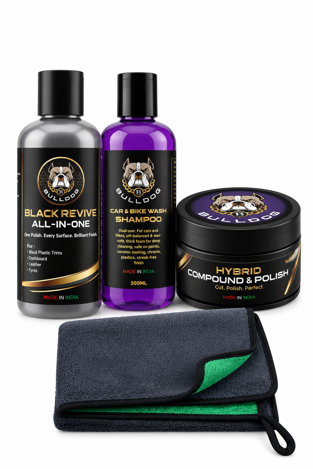 Shampoo, all in one polish and Hybrid polish microfiber cloth - car care kit